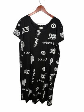 Exist Black Midi Dress with White Abstract Prints Pockets